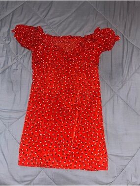 Red Floral Smocked Off-Shoulder Dress